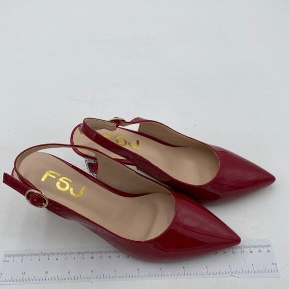 FSJ Women Closed Pointed Toe Crystal Block Chunky Mid Heel Slingback Pumps - Picture 4 of 8